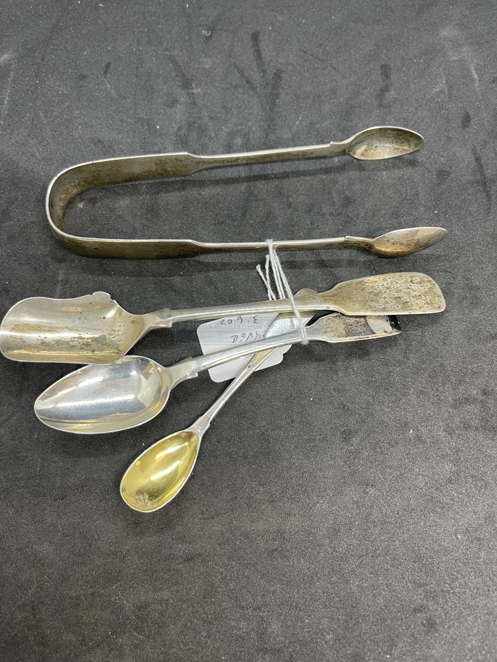 Hallmarked Silver (Irish): Georgian and English hallmarked jam spoon, sugar nips, salt spoon, and