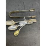 Hallmarked Silver (Irish): Georgian and English hallmarked jam spoon, sugar nips, salt spoon, and