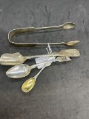 Hallmarked Silver (Irish): Georgian and English hallmarked jam spoon, sugar nips, salt spoon, and