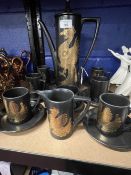 Late 1960s/Early 1970s Ceramics: Portmeirion, John Cuffley black & gilt Phoenix coffee set, 6 cups