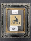 19th cent. Silhouette Miniature: Child dolls bath time, unsigned in a black and gilt composition