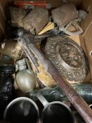 Collection of mixed items to include geological samples, cow bells, pewter, etc.