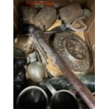 Collection of mixed items to include geological samples, cow bells, pewter, etc.