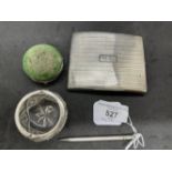 Hallmarked Silver: Pin cushion, glass and silver bowl, pencil and cigarette case. Weight of pencil