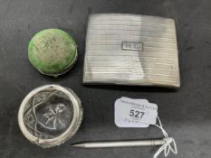 Hallmarked Silver: Pin cushion, glass and silver bowl, pencil and cigarette case. Weight of pencil