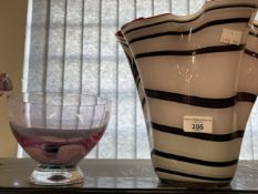 20th cent. Studio Glass: Envelope overlaid whit, red and black banded vase, 13ins. Tazza pink