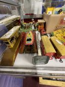 Late 20th cent. Tinplate Toys: Clockwork speedboat, woodcutters, train and carriages, etc.