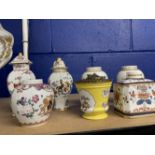 19th cent. Esme Sampson Meissen style meat server polychrome enamel exotic birds and gilt rim, vases