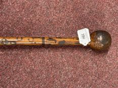 19th cent. Colonial Folk Art walking stick, poker work designs of farming and domestic implements