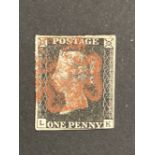 Stamps: 1840, 1d black, believed to be Plate 4, LK, three good margins, one good narrowing to SE