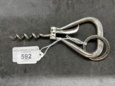 Corkscrews/Wine Collectables: 19th cent. French steel folding bow corkscrew with fluted helix screw,