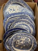 19th cent. Pottery: Blue and white willow pattern plates and a blue and white strainer. A/F.