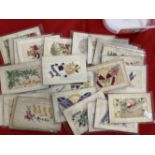 Postcards: WWI silks, thirty themed cards including, Greetings from France, Love to all at Home, The