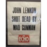 Icons: Newspaper billboard sheet for the Echo "John Lennon Shot dead". 15ins. x 20ins.