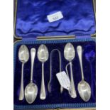 Hallmarked Silver: Coffee spoons, rat tail pattern x 5, pair of sugar nips. Hallmarked Sheffield