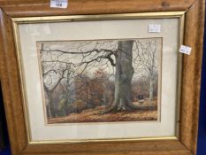 English School: Watercolour "Man in Woods" monogram CH, dated 82, possible Charles Hollis in maple