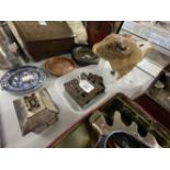 19th cent. Iron money boxes, bull (damage to horn), bank with steps to the front door, Kit form