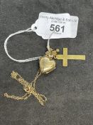 Hallmarked Jewellery: 9ct heart shaped locket and chain, cross, pair of ball stud earrings. Total