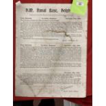 Militaria: Unusual Royal Naval cardboard notice for the ending of hostilities in WWI. 15ins. x
