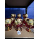 20th cent. Glass: Italian Murano gilt and red glass hock and brandy goblets. Six of each.