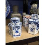 19th cent. Tea canisters, Chinese pewter with decorated side, Dutch polychrome (minus lid), Delft