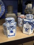 19th cent. Tea canisters, Chinese pewter with decorated side, Dutch polychrome (minus lid), Delft