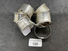 Hallmarked Silver: Six napkin rings. Total weight 3.6oz.