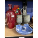 20th cent. Ceramics: Includes Royal Doulton flambe glazed vase 9ins, Ruskin saucer dish, two egg