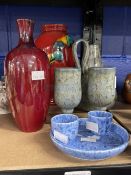 20th cent. Ceramics: Includes Royal Doulton flambe glazed vase 9ins, Ruskin saucer dish, two egg