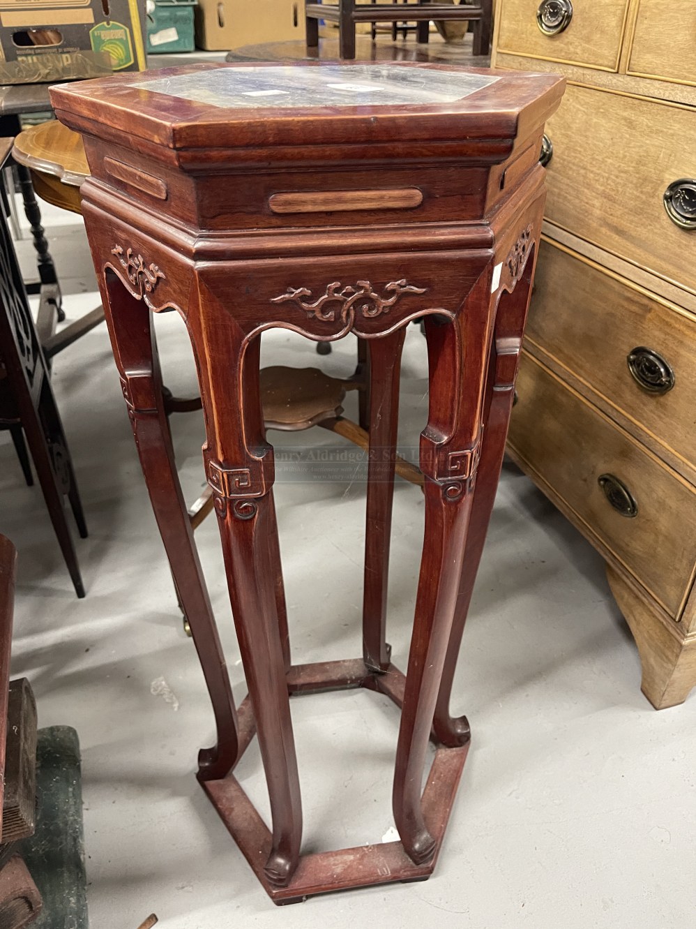 20th cent. Chinese hardwood stand with inset marble top 13ins. x 33ins.