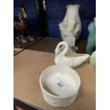 Irish Parian Belleek: Floral basket vase, blue Fermanagh mark, 7¾ins. Tree trunk with shamrock,