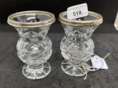 Hallmarked silver and cut glass pair of 4 inch vases with silver collars, hallmarked London.