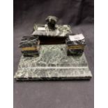 20th cent. Marble desk companion comprising blotter and inkwells. 7½ins.