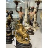 19th cent. French gilt bronze Empire candlesticks with three pad feet to base and lustres to drip