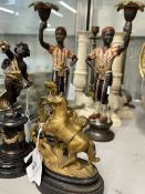 19th cent. French gilt bronze Empire candlesticks with three pad feet to base and lustres to drip