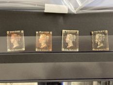 Stamps: 1840 1d blacks (one penny). Four in total. Plates believed to be 4, 6, 8, and 9 (in order in