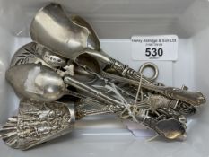 Hallmarked Silver: Teaspoons, caddy spoons, mustard spoons. Weight of (11) 5oz.