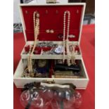 Costume Jewellery: Includes three boxes, one a stamp box, brooches, cufflinks, pendant, two pairs of