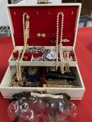 Costume Jewellery: Includes three boxes, one a stamp box, brooches, cufflinks, pendant, two pairs of