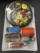 Objects of Miscellania: Opera glasses, cased poker dice, papier mache, circular plaque painted on