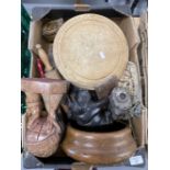 Treen carved figures, bread board, carved pig, rolling pins, boxes, cribbage board, a pair of
