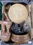 Treen carved figures, bread board, carved pig, rolling pins, boxes, cribbage board, a pair of