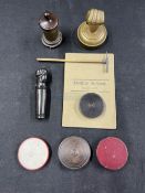 Objects of Virtu: Lignum seal boxes x 3, miniature circular brass perpetual calendar, treen seal,