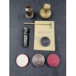Objects of Virtu: Lignum seal boxes x 3, miniature circular brass perpetual calendar, treen seal,
