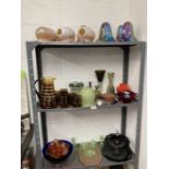 20th cent. Glassware: Vase, soda glass vase, Nailsea glass pipe, iridescent lamp shades, End of Day,