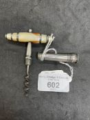 Corkscrews/Wine Collectables: 18th cent. English silver pocket corkscrew with mother of pearl mallet