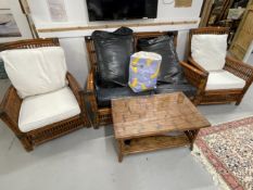 20th cent. Conservatory furniture, two armchairs, two seater settee, and coffee table. Bamboo and