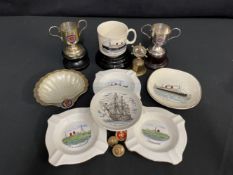 CUNARD/OCEAN LINER: Collection of ceramic and plated shipboard souvenirs and buttons including, R.