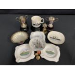 CUNARD/OCEAN LINER: Collection of ceramic and plated shipboard souvenirs and buttons including, R.