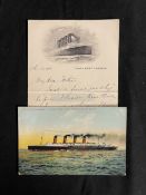 R.M.S. LUSITANIA: Onboard letter on shipboard stationery dated 26th December 1908, plus a postcard